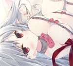  :/ bangs bare_shoulders blush bow bow_bra bow_panties bra breasts cleavage close-up collar commentary_request frilled_bra frilled_panties frills jitome large_breasts legs_up long_hair looking_at_viewer lying miko_92 necktie on_back original panties red_bow red_eyes red_neckwear red_ribbon ribbon silver_hair solo thigh_strap underwear underwear_only white_bra white_panties 