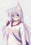 2016 animal_ears artist_name bad_id bad_pixiv_id bag bangs between_breasts blue_eyes blush breasts character_name collarbone dated eyebrows_visible_through_hair fox_ears fox_girl grey_background grey_hair hair_between_eyes hair_flaps large_breasts long_hair looking_at_viewer misaki_yuu original ribbed_sweater satchel signature sleeves_past_wrists smile solo strap_cleavage sweater upper_body 