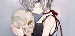  bags_under_eyes camisole close-up collarbone commentary_request dancho_(dancyo) earrings eyelashes from_side grey_eyes hair_over_one_eye highres holding holding_skull jewelry light_smile looking_at_viewer neck_ribbon original red_ribbon ribbon silver_hair skull solo 