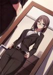  absurdres belt black_eyes black_pants brown_hair dutch_angle formal glasses hands_on_hips highres indoors long_hair looking_at_viewer mirror original pant_suit pants sblack solo suit 