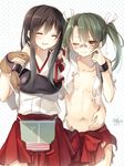  :d ;) ^_^ akagi_(kantai_collection) arm_around_neck artist_name bandaid bandaid_on_nose blush brown_eyes brown_hair bruise closed_eyes commentary_request flat_chest gloves hair_ribbon hakama_skirt hand_on_another's_stomach happy injury jpeg_artifacts kantai_collection multiple_girls muneate navel one_eye_closed open_mouth partly_fingerless_gloves polka_dot polka_dot_background ribbon scratching_cheek side-by-side signature skirt smile toosaka_asagi torn_clothes torn_skirt twintails yugake zuikaku_(kantai_collection) 