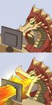  agnaktor anthro capcom claws computer fin fire fire_breathing green_eyes humor leviathan_(mh) male monitor monster_hunter reaction_image red_scales scales scalie solo teeth unknown_artist video_games white_scales 