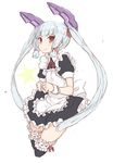  apron bangs black_legwear frilled_apron frilled_legwear frills goekawa hair_ribbon headgear kantai_collection long_hair maid murakumo_(kantai_collection) red_ribbon ribbon sidelocks silver_hair solo thighhighs tress_ribbon twintails wrist_cuffs 