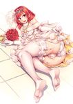  alternate_costume ass bare_shoulders bouquet breasts bride dress elbow_gloves flower formal garter_straps gloves highres jewelry looking_at_viewer love_live! love_live!_school_idol_festival love_live!_school_idol_project lying medium_breasts necklace nishikino_maki on_floor on_side open_mouth panties red_eyes red_hair rose short_hair smile solo strapless thighhighs tiara underwear wedding_dress white_dress white_gloves white_legwear white_panties windart 