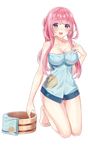  barefoot blue_eyes breasts bucket character_request cleavage full_body highres kneeling large_breasts long_hair looking_at_viewer nakatsu_castle naked_towel official_art open_mouth pink_hair shirohime_quest sidelocks solo towel transparent_background 