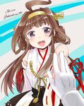  :d ahoge blush brown_hair detached_sleeves gloves hair_rings headgear kantai_collection kongou_(kantai_collection) long_hair long_sleeves lr_hijikata nontraditional_miko open_mouth out_of_frame pov pov_hands purple_eyes ribbon-trimmed_sleeves ribbon_trim smile solo_focus twitter_username upper_body 