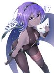  absurdres bare_shoulders breasts dark_skin fate/grand_order fate/prototype fate/prototype:_fragments_of_blue_and_silver fate_(series) hassan_of_serenity_(fate) highres leaning_forward looking_at_viewer mask mask_removed medium_breasts parted_lips purple_eyes purple_hair short_hair sideboob solo thighs weaponman white_background 