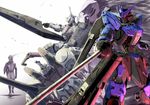  commentary gaelio_bauduin glowing glowing_eyes gundam gundam_kimaris gundam_kimaris_trooper gundam_tekketsu_no_orphans gundam_vidar holding holding_weapon lance mask mecha polearm rapier science_fiction shinpei_(paypay) solo spoilers sword thrusters vidar weapon 