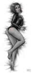  ass barefoot bed_sheet blush breasts dakimakura dc_comics forehead_jewel full_body greyscale hand_on_own_chest highres iahfy leotard looking_at_viewer lying medium_breasts monochrome raven_(dc) short_hair solo teen_titans 