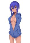  bad_id bad_pixiv_id blue_hair blush breasts cleavage dark_skin fate/prototype fate/prototype:_fragments_of_blue_and_silver fate_(series) hassan_of_serenity_(fate) highres hood hoodie medium_breasts naked_hoodie navel purple_eyes solo son5kuuu thighs white_background 
