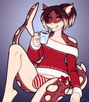 2016 anthro beverage blue_background brown_hair bulge christmas clothed clothing cup english_text fish girly hair holidays long_hair looking_at_viewer male marine porin raised_leg ribbons shark signature simple_background smile snowman solo sweater teeth text underwear yellow_eyes 