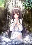  :&gt; absurdres black_hair blush breasts closed_mouth eyebrows_visible_through_hair hairband highres japanese_clothes kimono leaf long_hair medium_breasts minakami_rinka one_eye_closed original own_hands_together purple_eyes robe scan shiroshouzoku solo standing very_long_hair wading water waterfall wet wet_clothes wet_hair 