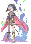  ahoge book boots cape full_body fur-trimmed_cape fur_trim grey_hair grey_legwear holding holding_wand kneehighs long_sleeves original puffy_long_sleeves puffy_sleeves red_eyes scepter shadow solo sparkle standing tajima_ryuushi thigh_strap thighs wand white_background wizard 