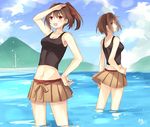  :d artist_name breasts brown_eyes brown_hair cleavage cloud commentary_request day from_side hyuuga_(kantai_collection) ise_(kantai_collection) jpeg_artifacts kantai_collection medium_breasts midriff multiple_girls open_mouth outdoors pleated_skirt ponytail shading_eyes short_hair signature sketch skirt sky smile tank_top toosaka_asagi wading water 