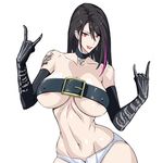  bare_shoulders beltbra black_hair breasts buckle choker covered_nipples ear_piercing elbow_gloves electricblue gloves huge_breasts lip_piercing navel nipple_slip nipples piercing pose red_eyes smile solo tattoo white_background 