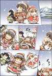  3girls beanie black_hair boots building closed_eyes coat comic commentary_request food food_themed_hair_ornament from_above fur_trim grey_hair hair_ornament hair_ribbon hairclip haruna_(kantai_collection) hat highres hisahiko kantai_collection katsuragi_(kantai_collection) legs_apart long_hair looking_up lying mountain multiple_girls northern_ocean_hime o_o ocean on_back onigiri orange_eyes outdoors outstretched_arms pom_pom_(clothes) ponytail red_skirt ribbon scarf shawl shinkaisei-kan skirt smile snow snow_angel snowing spread_arms star star-shaped_pupils symbol-shaped_pupils translated white_hair winter winter_clothes winter_coat younger |_| 