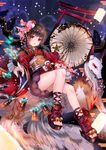  alternate_form bangs bell black_hair blunt_bangs blush cherry_blossoms chestnut_mouth clogs commentary_request eyebrows_visible_through_hair fish_hair_ornament fox goryou_(onmyoji) hair_ornament highres holding holding_umbrella japanese_clothes jingle_bell kagura_(onmyoji) knee_up kyuubi lantern legs looking_at_viewer multiple_tails onmyoji onmyouji open_mouth oriental_umbrella petals red_eyes red_ribbon ribbon shrine tail talisman toes torii umbrella usagihime 