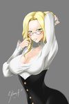  adjusting_hair alfred_cullado blonde_hair blush breasts cleavage drill_hair glasses glynda_goodwitch green_eyes grey_background highres large_breasts mouth_hold rwby solo 