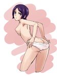  1girl adjusting_panties artist_request ass breasts butt_crack copyright_request cropped_legs kitora_ai looking_at_viewer looking_back medium_breasts nipples panties pink_background purple_eyes purple_hair short_hair simple_background solo topless white_background white_panties world_trigger 