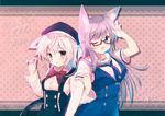  2girls ;d animal_ears arm_holding artist_name bad_id bad_pixiv_id bangs beret blush bow bowtie brown_eyes collared_shirt dated dress followers fox_ears fox_girl german glasses grey_hair hair_between_eyes hair_flaps hand_on_another's_arm hand_up hands_up hat long_hair long_sleeves looking_at_viewer misaki_yuu multiple_girls neckerchief one_eye_closed open_mouth original parted_lips polka_dot polka_dot_background red-framed_eyewear red_bow red_neckwear sailor_dress semi-rimless_eyewear shirt short_hair silver_hair skirt smile suspender_skirt suspenders swept_bangs thick_eyebrows translated upper_body white_shirt 