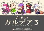  1boy 5girls ahoge armor bb_(fate)_(all) black_hair blonde_hair bow character_pillow chibi cloak comic commentary_request cover cover_page dragon_horns dragon_tail elizabeth_bathory_(fate)_(all) eyes_closed fate/extra fate/grand_order fate_(series) hair_bow hand_up hands_in_pockets hat heart hood hoodie horns japanese_armor japanese_clothes kishinami_hakuno_(male) light_bulb long_hair long_sleeves mecha_eli-chan multiple_girls oda_nobunaga_(fate) oda_uri okita_souji_(fate)_(all) open_mouth peaked_cap pekeko_(pepekekeko) pillow pillow_hug pink_hair ponytail purple_hair red_eyes robot_joints shorts shoulder_armor sitting smile spoken_heart squatting standing tail thighhighs tomoe_gozen_(fate/grand_order) translation_request treasure_chest yellow_eyes 