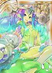  breasts cape creature crown goo_girl green_skin large_breasts monster_girl moon multicolored_hair rainbow rainbow_hair shinkai_no_valkyrie slime slime_queen staff 