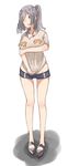  alternate_hairstyle blue_eyes blue_shorts blush blush_stickers breast_hold breasts casual collarbone full_body groin highres kantai_collection kashima_(kantai_collection) kei_(soundcross) legs_apart medium_breasts pulled_by_self shirt_pull short_hair short_shorts shorts silver_hair simple_background solo standing sweatdrop twintails white_background 