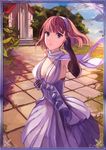  72_(nananatsu) banned_artist black_gloves blue_dress breasts brown_eyes brown_hair clarissa_callaghan cleavage dress elbow_gloves gloves hairband hand_in_hair looking_at_viewer lowres medium_breasts outdoors scarf senjou_no_valkyria senjou_no_valkyria_3 short_hair sideboob solo white_scarf 