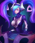  absurdres alternate_costume bad_id bad_pixiv_id blue_eyes blue_hair bodysuit breasts dj_sona hair_over_one_eye headphones highres instrument keyboard_(instrument) large_breasts league_of_legends lipstick long_hair looking_at_viewer makeup red_lipstick skin_tight solo sona_buvelle twintails vinn_lam 