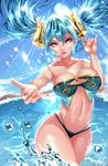 adapted_costume bikini blue_eyes blue_hair breasts cleavage drawfeeling hair_ornament large_breasts league_of_legends long_hair midriff ocean outstretched_hand solo sona_buvelle standing strapless strapless_bikini swimsuit twintails wading water 