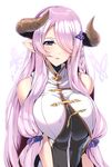  bare_arms bare_shoulders between_breasts breast_squeeze breasts bug butterfly draph eyelashes granblue_fantasy hair_ornament hair_over_one_eye highres horns insect large_breasts lavender_hair long_hair looking_at_viewer minamon_(vittel221) narmaya_(granblue_fantasy) parted_lips pink_lips pointy_ears purple_eyes purple_hair shiny shiny_hair sleeveless smile solo upper_body white_background 