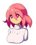  breasts bright_pupils eyebrows_visible_through_hair hair_between_eyes medium_breasts metata original pink_eyes pink_hair ribbed_sweater short_hair simple_background solo sweater turtleneck upper_body white_background 