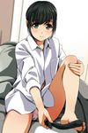  black_eyes black_hair blush eyebrows_visible_through_hair highres knee_up looking_at_viewer matsunaga_kouyou original panties pantyshot school_uniform shirt short_hair sock_pull socks_removed solo underwear white_shirt 