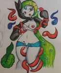  &lt;3 blush cactuscacti clothed clothing cum female legendary_pok&eacute;mon meloetta nintendo nipples open_mouth pok&eacute;mon pussy shorts simple_background skimpy solo tentacles tight_clothing traditional_media_(artwork) video_games wide_hips 
