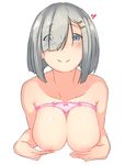  bangs bare_shoulders blue_eyes blush bow bow_panties breasts cleavage closed_mouth collarbone covering covering_breasts eyebrows_visible_through_hair eyes_visible_through_hair hair_ornament hair_over_one_eye hairclip hamakaze_(kantai_collection) hands_on_own_chest heart kantai_collection kei_(soundcross) lace lace-trimmed_panties large_breasts looking_at_viewer panties panties_on_breasts pink_panties short_hair silver_hair simple_background smile solo underwear upper_body white_background 