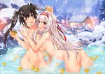  ass black_hair breasts brown_eyes hair_ribbon hairband kantai_collection large_breasts long_hair multiple_girls navel nude one_eye_closed onsen ribbon shoukaku_(kantai_collection) silver_hair snow snowing soap tousaki_umiko twintails wading yuzu_(fruit) yuzu_bath zuikaku_(kantai_collection) 