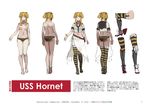  ass back blonde_hair breasts character_sheet high_heels highres hornet_(pacific) jeanex looking_at_viewer medium_breasts midriff multiple_views navel nipples pacific panties sailor_collar simple_background smile striped striped_legwear striped_panties thighhighs topless translation_request twintails underwear white_background yellow_eyes 