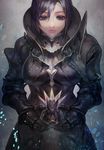  aoin armor black_hair breasts gauntlets highres large_breasts long_hair original purple_eyes solo 