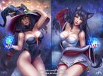  ahri animal_ears black_hair breasts cleavage ears_through_headwear energy_ball eyeball facial_mark fangs fox_ears fox_tail glowing glowing_eyes hat korean_clothes large_breasts league_of_legends lipstick long_hair low-tied_long_hair makeup multiple_tails multiple_views off_shoulder olga_narhova red_lipstick skirt skull tail whisker_markings witch_hat yellow_eyes 