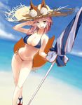  animal_ears bare_shoulders bikini blue_bikini breasts dutch_angle ears_through_headwear fang fate/grand_order fate_(series) fox_ears fox_tail hat highres kirisato_itsuki large_breasts navel pink_hair platform_footwear sandals skindentation solo straw_hat sun_hat swimsuit tail tamamo_(fate)_(all) tamamo_no_mae_(fate) tamamo_no_mae_(swimsuit_lancer)_(fate) umbrella 