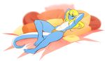  2016 bed blonde_hair blue_eyes blue_skin bulge clothed clothing digital_media_(artwork) dragon geekidog girly hair horn inside lying male navel on_back one_eye_closed pillow ramzryu_(character) solo topless underwear white_skin wink 