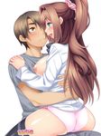  1girl amagamido ass black_legwear blue_eyes blush breasts breasts_outside brown_eyes brown_hair closed_mouth couple eye_contact frown grey_shirt hair_intakes hetero highres hug kumi_(amagamido) long_hair looking_at_another medium_breasts nipples open_mouth original panties pink_panties shiny shiny_skin shirt side_ponytail sitting sitting_on_lap sitting_on_person smile sweat thighhighs underwear white_background white_shirt 