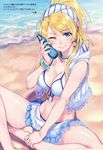  ;) absurdres ahoge aqua_nails ayase_eli bangle bangs bare_shoulders beach bikini bikini_under_clothes blonde_hair blue_eyes blush bottle bottle_to_cheek bracelet breasts cleavage condensation day earrings hair_ribbon highres holding holding_bottle hood hood_down hoodie jewelry large_breasts long_hair looking_at_viewer love_live! love_live!_school_idol_project makeup mascara matsuryuu nail_polish natsuiro_egao_de_1_2_jump! necklace one_eye_closed outdoors pearl_necklace ramune ribbon scan sleeveless sleeveless_hoodie smile solo star star_earrings striped striped_ribbon sunlight swept_bangs swimsuit 