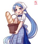  1girl alternate_costume apron artist_logo baguette basket blue_eyes blue_hair blue_neckwear blush bow bowtie bread carrying collared_shirt cowboy_shot dated eyebrows_visible_through_hair flat_chest food gradient_hair head_scarf highres kanon_(kurogane_knights) kantai_collection kobeya koubeya_uniform long_hair looking_at_viewer melon_bread multicolored_hair open_mouth plaid plaid_apron samidare_(kantai_collection) shirt short_sleeves signature simple_background smile solo very_long_hair waitress white_background 