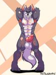  abs anthro armpits balls canine erection fur grins hair knot looking_at_viewer male mammal muscular muscular_male nipples nude pecs penis ritsukaxan solo tongue wolf 