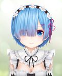  aki99 blue_eyes blue_hair detached_sleeves eyes_visible_through_hair frilled_sleeves frills hair_ornament hair_over_one_eye highres maid_headdress pink_ribbon purple_ribbon re:zero_kara_hajimeru_isekai_seikatsu rem_(re:zero) ribbon ribbon-trimmed_clothes ribbon_trim short_hair smile solo underbust x_hair_ornament 