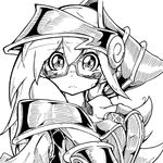  bare_shoulders bitadoro blush blush_stickers breasts choker cleavage dark_magician_girl duel_monster glasses greyscale hat highres large_breasts long_hair monochrome pentacle solo wizard_hat yuu-gi-ou yuu-gi-ou_duel_monsters 