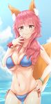  absurdres animal_ears bikini blue_bikini blush breasts chaou cleavage cowboy_shot fate/extra fate/grand_order fate_(series) fox_ears fox_tail groin hand_on_own_face highres large_breasts long_hair looking_at_viewer navel pink_hair solo swimsuit tail tamamo_(fate)_(all) tamamo_no_mae_(fate) tamamo_no_mae_(swimsuit_lancer)_(fate) yellow_eyes 