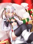  ahoge bell black_bra black_gloves black_legwear blonde_hair blush box bra breasts capelet closed_mouth commentary elbow_gloves fate/grand_order fate_(series) gift gift_box gloves hair_ribbon headpiece highres jeanne_d'arc_(fate)_(all) jeanne_d'arc_alter_santa_lily jingle_bell long_hair looking_at_viewer maosame ribbon sack sitting small_breasts solo striped striped_ribbon thighhighs underwear white_capelet 
