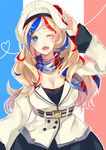  bangs belt beret blonde_hair blue_eyes blue_hair commandant_teste_(kantai_collection) double-breasted flag_background france french_flag hair_ornament hat highres horonosuke kantai_collection long_hair looking_at_viewer multicolored_hair one_eye_closed open_mouth pom_pom_(clothes) red_hair scarf solo streaked_hair swept_bangs wavy_hair white_hair 